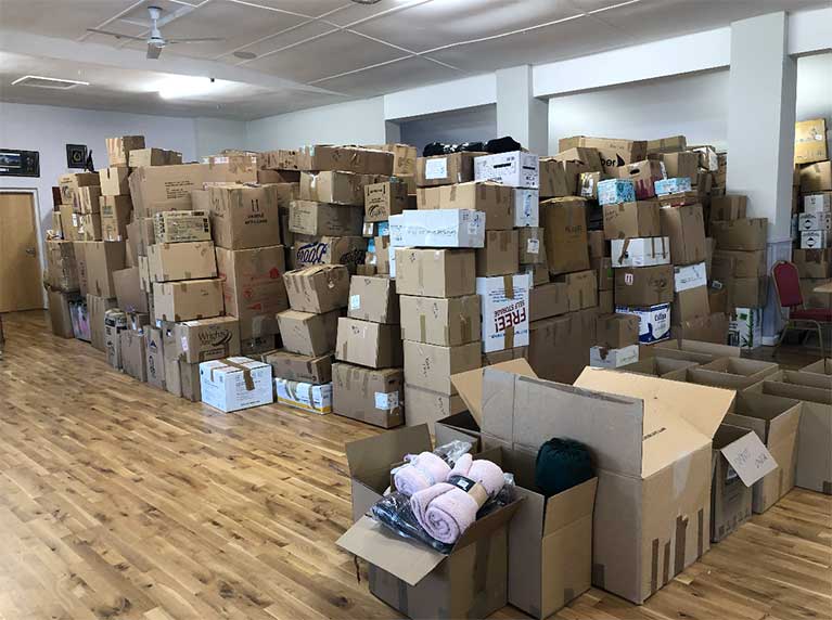 1400+ boxes being packed in the community centre in Catterick Garrison.